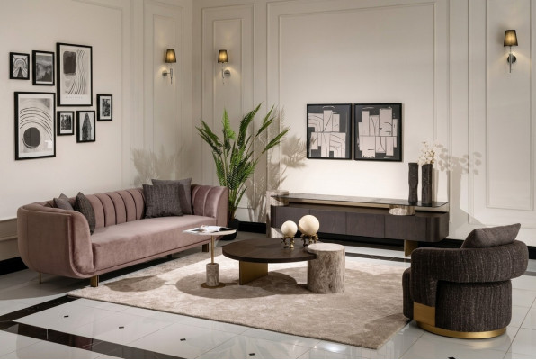 Wohnzimmer Garnitur Sofa Sessel Braun Stoff Couchtische Set 5tlg RTV