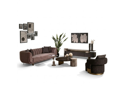 Wohnzimmer Garnitur Sofa Sessel Braun Stoff Couchtische Set 5tlg RTV