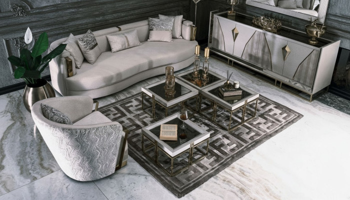 Luxus Garnitur Stoffsofa Sessel Wohnzimmer Couchtische Set 7tlg Grau
