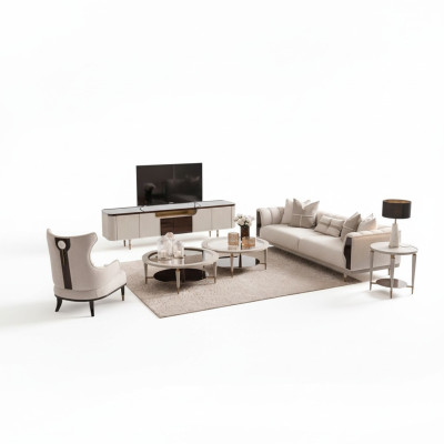 Wohnzimmer Gruppe Dreisitzer Sessel Stoffsofa 6tlg Beige Couchtische