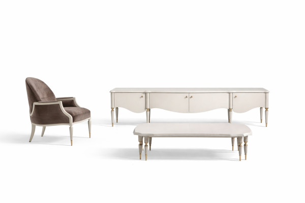 Set Wohnzimmer Sessel Stoff Couchtisch RTV Lowboard 3tlg Beige Holz