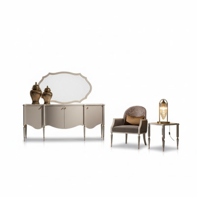 Wohnzimmer Garnitur 4tlg Sessel Beistelltisch Sideboard Spiegel Beige