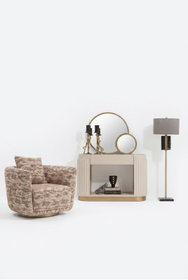 Garnitur Wohnzimmer Sessel Kommode Spiegel Beige Stoff Holz Relax 3tlg