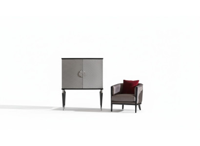 Garnitur Sessel Barschrank Grau Stoff Ohrensessel Bar Wohnzimmer Set