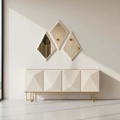 Garnitur Sideboard mit Spiegel Schrank Anrichte Beige Kommode Holz Set