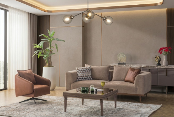 Sofagarnitur Dreisitzer Sessel Polstersofa Modern Stoffsofa Braun Set