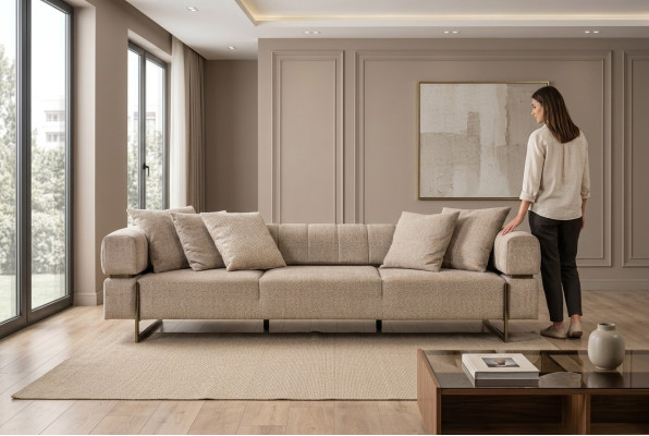 Beiger Viersitzer Designer Stoffsofa Polstersofas Wohnzimmer Couchen
