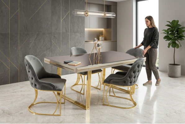 Essgruppe Essecke Esszimmermöbel Esstisch Stühle Set 7tlg Grau Luxus