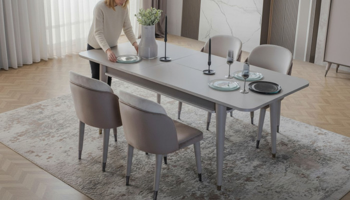  Luxuriöser Auszihbarer Tisch Designer Moderne Esszimmer Textil Stühle