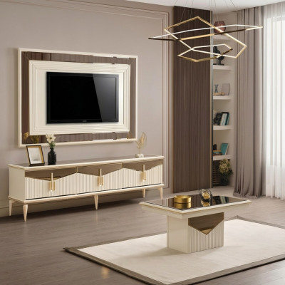 Wohnwand TV Ständer Wandpanel Couchtisch RTV Lowboard Gold 3tlg Beige