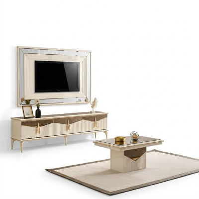 Wohnwand TV Ständer Wandpanel Couchtisch RTV Lowboard Gold 3tlg Beige