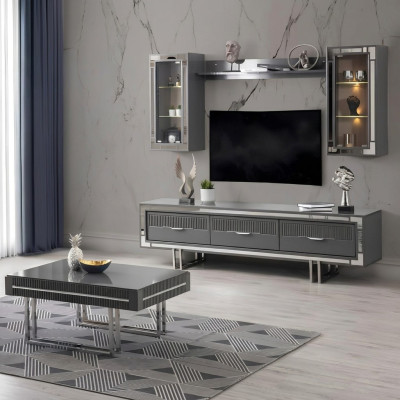 Wohnwand TV Ständer Schranke Couchtisch RTV Lowboard Grau Set 3tlg