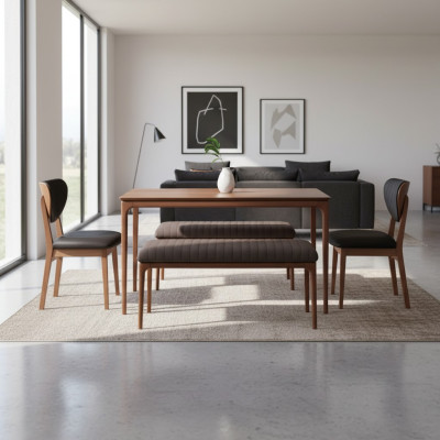 Essgruppe Holz Esszimmer Esstisch Stühle 6tlg Braun Essecke Bank Stoff