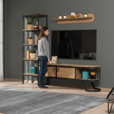 Wohnzimmer TV Ständer Bücherregal RTV Lowboard Holz Braun Set 3tlg
