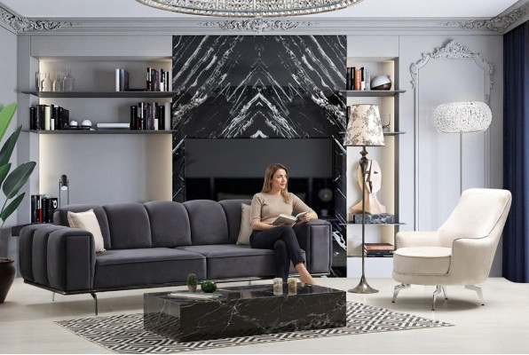 Komplette Couchgarnitur Dreisitzer Sessel Couch Grau Stoffsofa Sofas