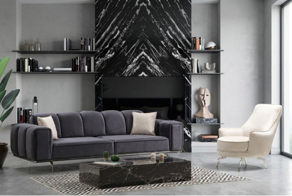 Komplette Couchgarnitur Dreisitzer Sessel Couch Grau Stoffsofa Sofas
