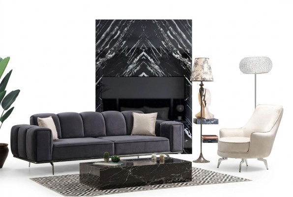 Komplette Couchgarnitur Dreisitzer Sessel Couch Grau Stoffsofa Sofas