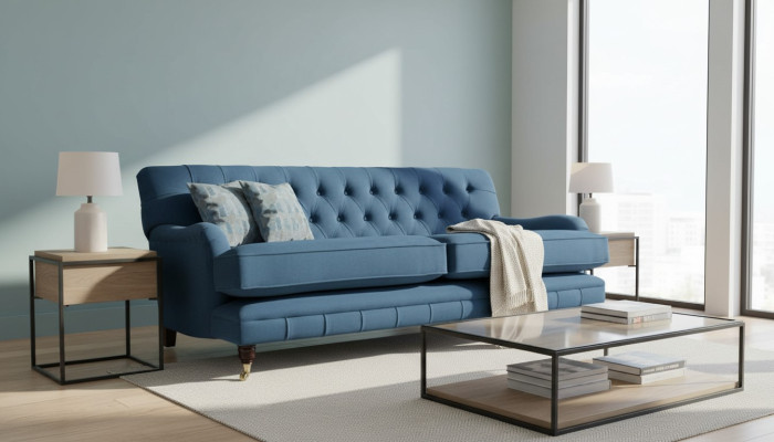 Dreisitzer Couch Polster Design Sofa Blau Sitz Sofas Möbel Chesterfield