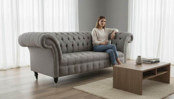 Chesterfield 3 Sitzer Polster Couch Sofa Couchen Textil Modern Stil Grau