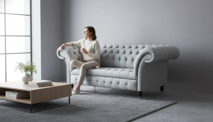 Chesterfield Couch Polster Möbel Zweisitzer Grau Couchen Sofas Leder