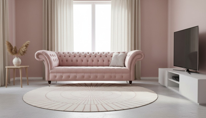 Chesterfield 3 Sitzer Rosa Design Couchen Polster Sofas Stoff Textil