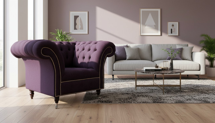 Sessel Einsitzer Luxus 1 Sitz Sitz Design Textil Lila Stoff Chesterfield