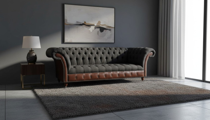 Chesterfield 3 Sitzer Sofa Couch Leder Polster Sitz Stoff Schwarz Neu