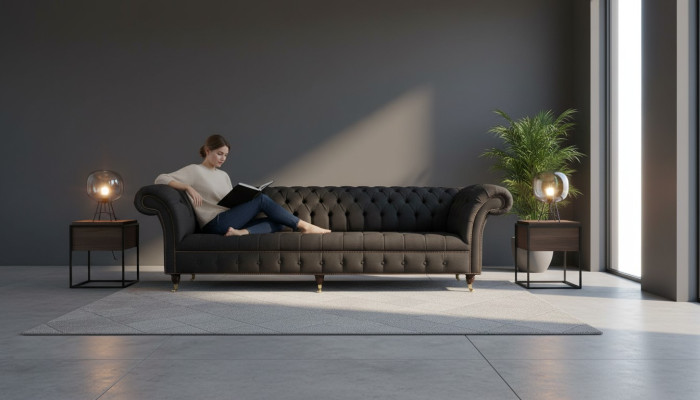 Chesterfield Sofa 4 Sitzer Schwarz Stoff Wohnzimmer Design Couch Polster