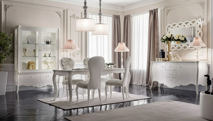 Esszimmer Set 8tlg. Esstisch 4x Stühle Sideboard Spiegel Garnitur Weiß