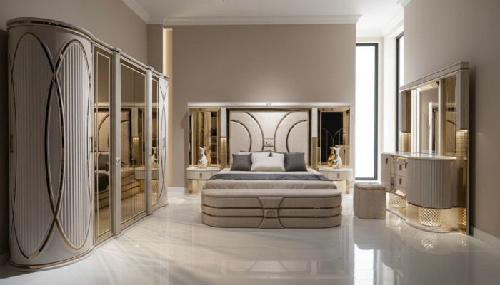 Schlafzimmer Set Komplettes Bett 2x Nachttische Kleiderschrank Neu 7tlg