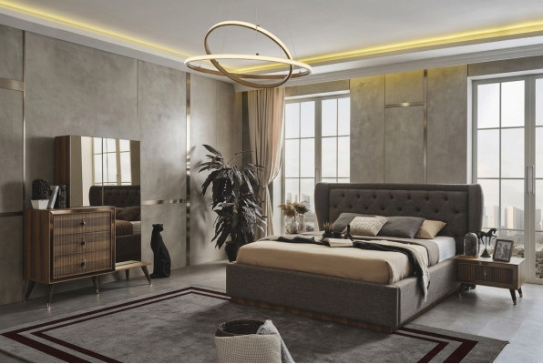 Modernes Schlafzimmer Set Designer Bett 2x Nachttische Kommode Spiegel