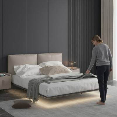 Hellgraues Schlafzimmer Wandbett LED-Bett Designer Holz Doppelbetten