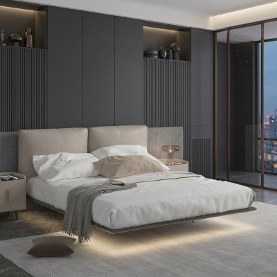Hellgraues Schlafzimmer Wandbett LED-Bett Designer Holz Doppelbetten
