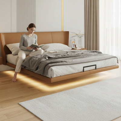 Braunes Wandbett Designer Schlafzimmer Möbel Holzgestell Kunstlederbett