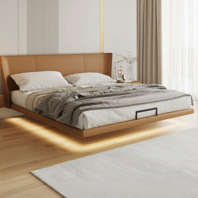 Braunes Wandbett Designer Schlafzimmer Möbel Holzgestell Kunstlederbett