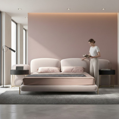 Großes Beiges Schlafzimmer Doppelbett Designer Breites Textil Kopfteil