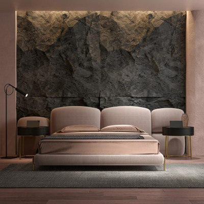 Großes Beiges Schlafzimmer Doppelbett Designer Breites Textil Kopfteil
