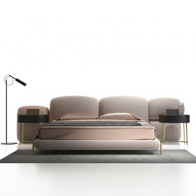 Großes Beiges Schlafzimmer Doppelbett Designer Breites Textil Kopfteil
