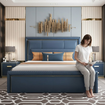 Großes Blaues Schlafzimmer Bett Designer Doppelbetten Kunstlederbetten