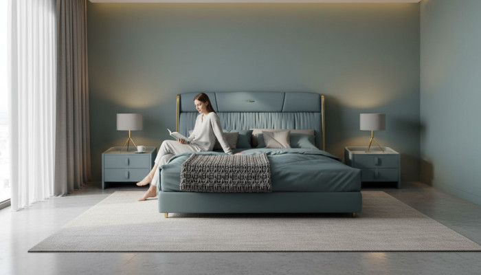 Blaues Schlafzimmer Doppelbett Designer Möbel LED-Bett Holz Textilbetten
