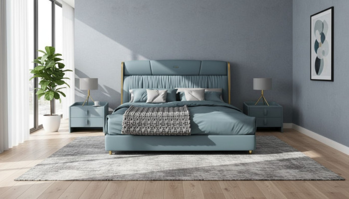 Blaues Schlafzimmer Doppelbett Designer Möbel LED-Bett Holz Textilbetten