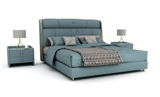 Blaues Schlafzimmer Doppelbett Designer Möbel LED-Bett Holz Textilbetten