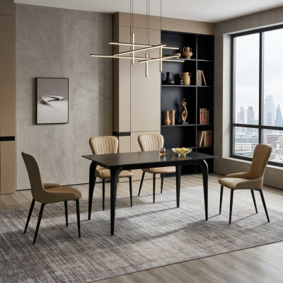 Esszimmer Möbel Designer Schwarzer Tisch Edelstahl Luxus Polsterstühle