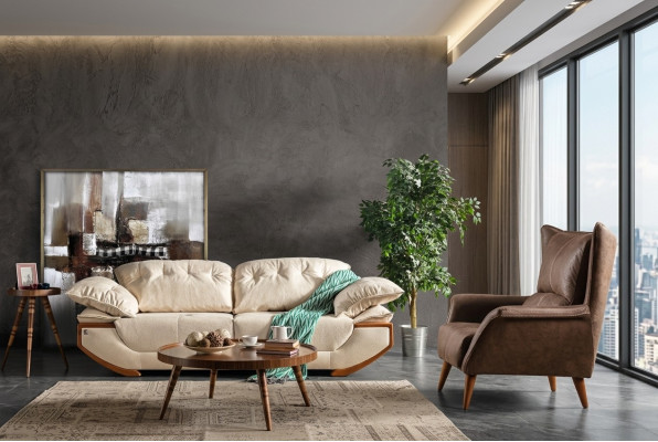 Weiß-Braune Wohnzimmer Couchgarnitur Designer Dreisitzer Luxus Sessel