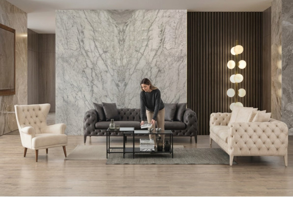 Weiß-Graue Wohnzimmer Chesterfield Sofagarnitur 4+3 Sitzer Luxus Sessel