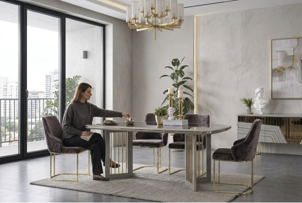 Essgruppe Moderne Esszimmer Garnitur Esstisch 4x Stühle Sideboard Set