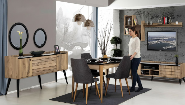 Schwarz-Braunes Esszimmer Set Esstisch 4x Stühle Sideboard Spiegel 8tlg