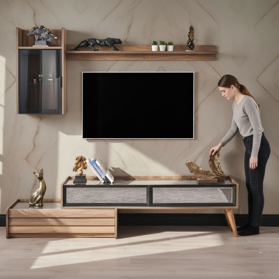 Moderne Wohnwand Designer Holz TV-Schrank Luxus Wandschrank Regal 3tlg