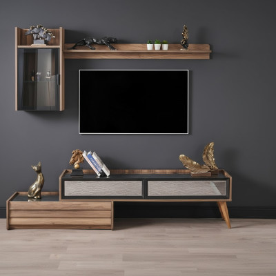 Moderne Wohnwand Designer Holz TV-Schrank Luxus Wandschrank Regal 3tlg