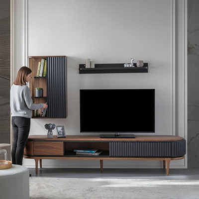 Modernes Wohnzimmer Set Luxus Brauner TV-Schrank Wandschrank Regale